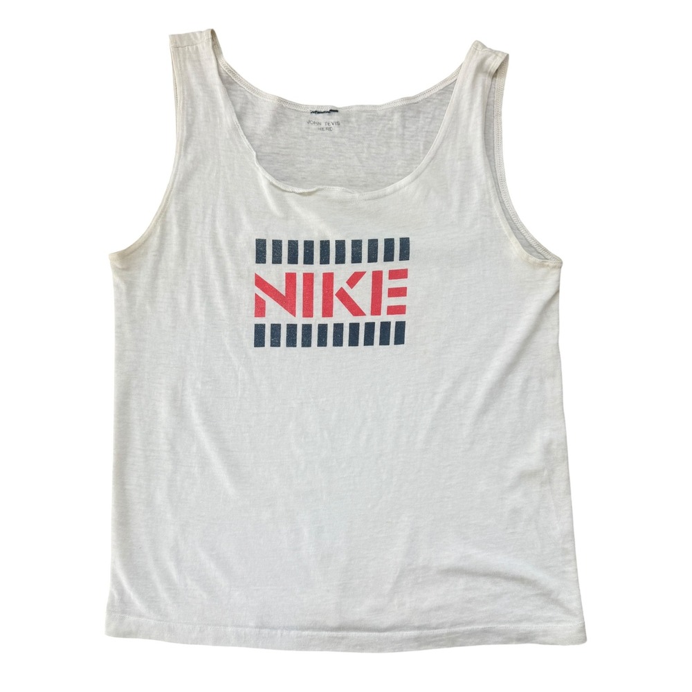 Nike Vintage 80s Tank Top Single Stitch Block Logo Small White Running Gym Logo